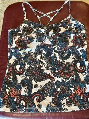 prAna Paisley Print Strappy Back Yoga Tank Top NWOT Blue Coral and Creamy White